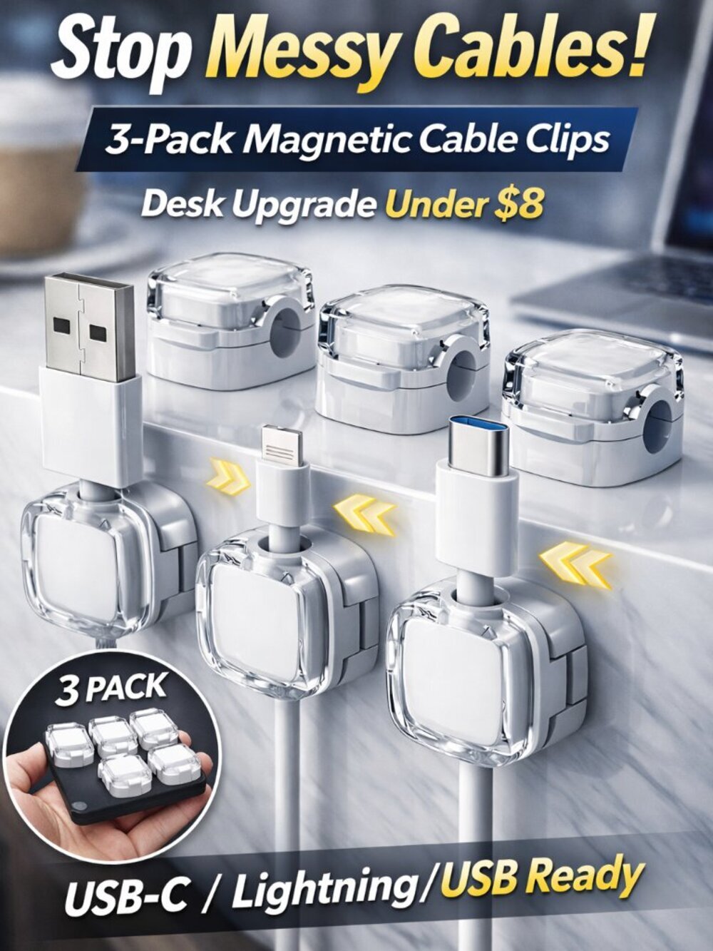 3PCS Magnetic Cable Organizer Clips w/ Double-Sided Tape | USB-C iPhone Desk Hol - Picture 2 of 7